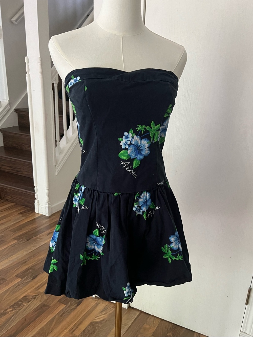 Navy w/ Green & Blue Hawaiian Tropical Flowers Strapless Mini Dress, Large